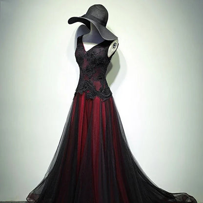 Gorgeous Black And Red V-Neckline Tulle Beaded Prom Dress, Long Evening Gown    fg1880