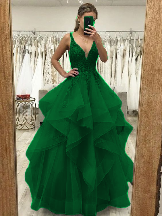 A-Line/Princess Tulle Applique V-neck Sleeveless Floor-Length Dresses Prom Dress    fg4509