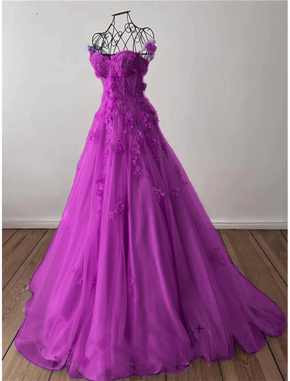 A-Line Prom Dresses Elegant Dress Formal Sweep / Brush Train Sleeveless Sweetheart Tulle with Pleats Sequin Appliques      fg4690