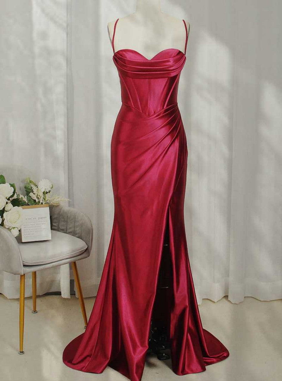 Burgundy Long Prom Dress with High Slit,Formal Graduation Evening Dresses       fg4760