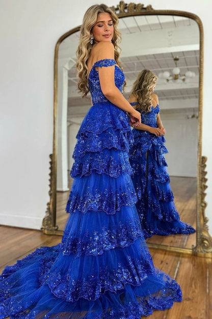 Off Shoulder Layered Navy Blue Lace Long Prom Dress with Split, Off the Shoulder Navy Blue Formal Dress     fg4837
