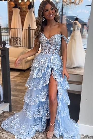 Off Shoulder Layered Navy Blue Lace Long Prom Dress with Split, Off the Shoulder Navy Blue Formal Dress     fg4837