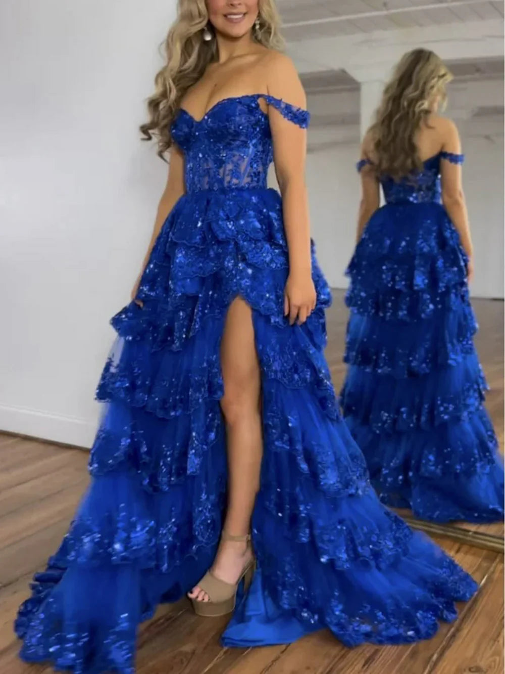 Off Shoulder Layered Navy Blue Lace Long Prom Dress with Split, Off the Shoulder Navy Blue Formal Dress     fg4837