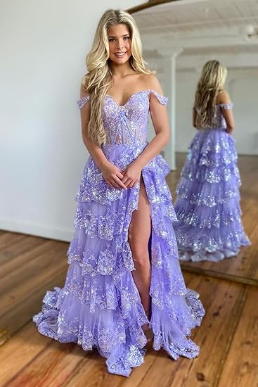 Off Shoulder Layered Navy Blue Lace Long Prom Dress with Split, Off the Shoulder Navy Blue Formal Dress     fg4837