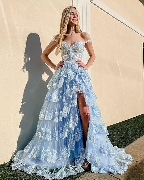 Off Shoulder Layered Navy Blue Lace Long Prom Dress with Split, Off the Shoulder Navy Blue Formal Dress     fg4837