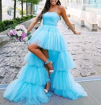 Hot Pink Strapless High Low Formal Gown,Tulle Prom Evening Dresses    fg538