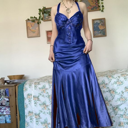Halter A Line Satin Long Prom Dress Vintage Formal Party Dress      fg5843