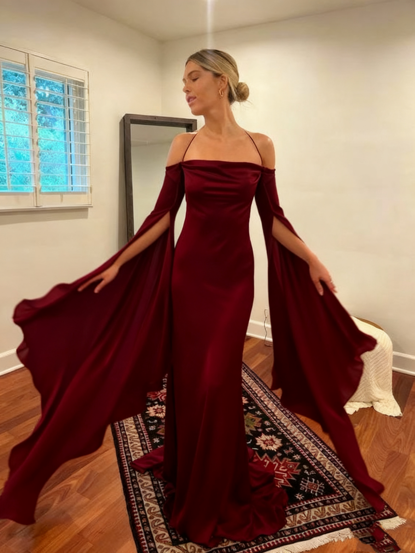 Wedding Dresses Soft Satin Long Floor Length Open Back Simple Bridal Gown With Detachable Flare Sleeves