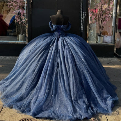 Sweet 16 Birthday Party Dresses Navy Blue Off Shoulder Lace Appliqued Tulle Ball Gown for Birthday Celebration Sweet 15 Mexican Dresses
