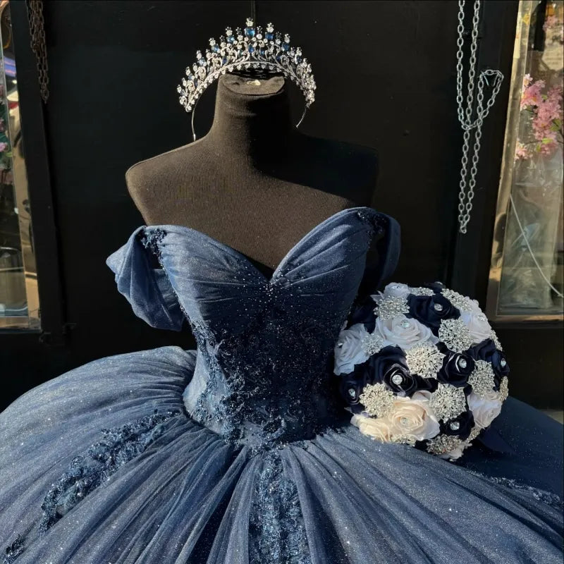 Sweet 16 Birthday Party Dresses Navy Blue Off Shoulder Lace Appliqued Tulle Ball Gown for Birthday Celebration Sweet 15 Mexican Dresses