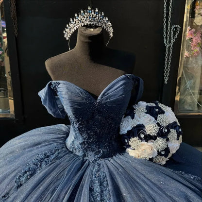 Sweet 16 Birthday Party Dresses Navy Blue Off Shoulder Lace Appliqued Tulle Ball Gown for Birthday Celebration Sweet 15 Mexican Dresses