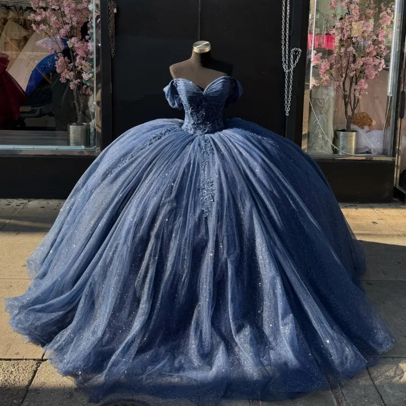 Sweet 16 Birthday Party Dresses Navy Blue Off Shoulder Lace Appliqued Tulle Ball Gown for Birthday Celebration Sweet 15 Mexican Dresses