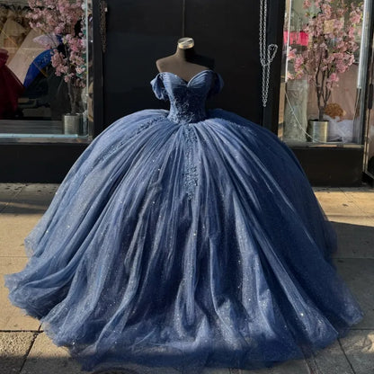 Sweet 16 Birthday Party Dresses Navy Blue Off Shoulder Lace Appliqued Tulle Ball Gown for Birthday Celebration Sweet 15 Mexican Dresses