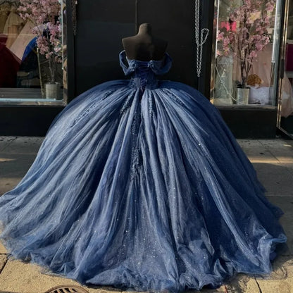 Sweet 16 Birthday Party Dresses Navy Blue Off Shoulder Lace Appliqued Tulle Ball Gown for Birthday Celebration Sweet 15 Mexican Dresses