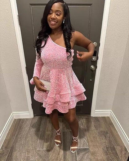 Pink Halter A-Line Sequins Short Party Dress Birthday Outfits     fg7116