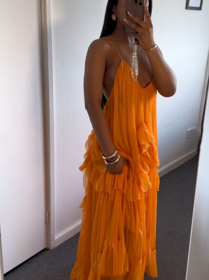 Sexy Orange Dress Long Evening Party Gowns