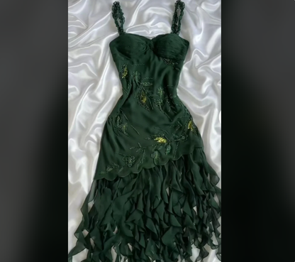 Dark Green Chiffon Ruffle Prom Dress Formal Dress Evening Party Dresses  fg7783
