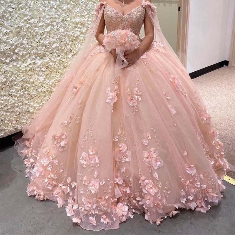 Pink Ball Gown With 3D Flowers Sweet 16 Dress  Romantic Pink Embroidery Cape Ball Gown 3D Floral  Beaded Long Sweet Frill Dress c2555
