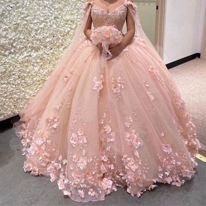Pink Ball Gown With 3D Flowers Sweet 16 Dress  Romantic Pink Embroidery Cape Ball Gown 3D Floral  Beaded Long Sweet Frill Dress c2555