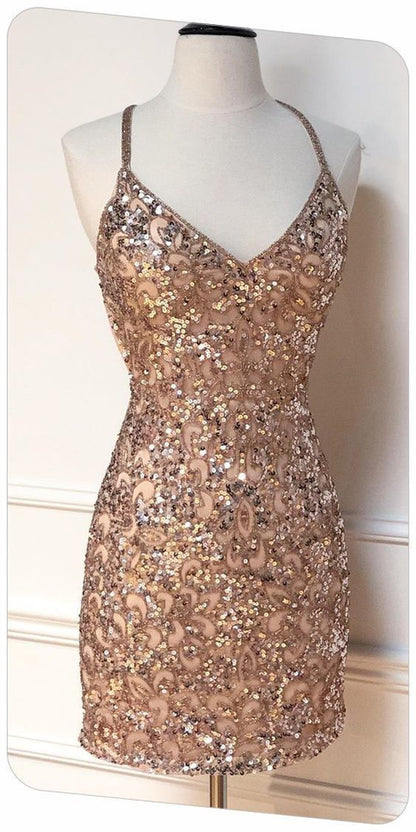 Tight Sparkle V Neck Sequins Party Dress,Sexy Homecoming Dress Y1419
