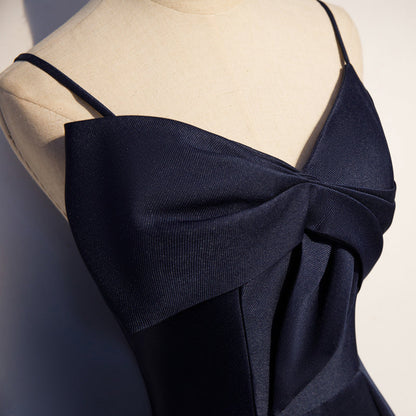 Dark blue satin long prom dress, simple evening dress s93