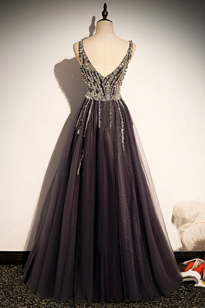 Stylish v neck tulle long prom dress A line evening dress s76