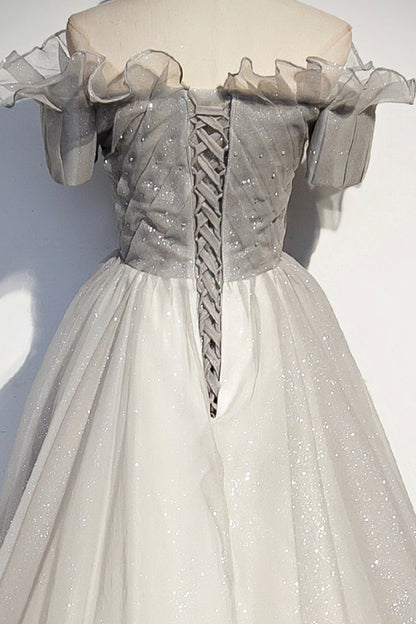Silver tulle long prom dress formal dress s79
