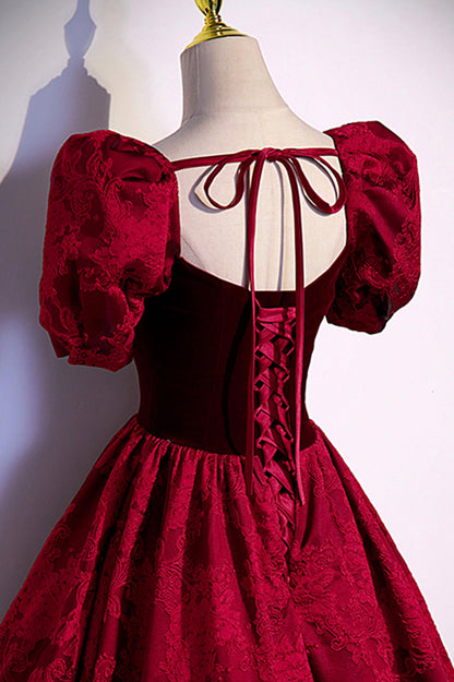 Burgundy velvet jacquard long prom dress evening dress s89