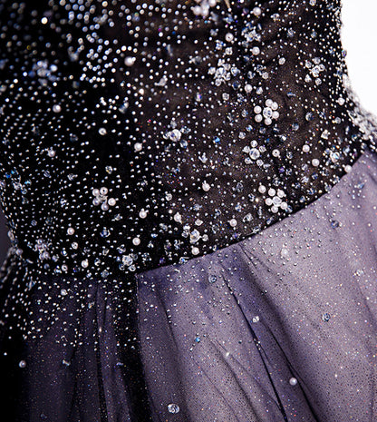 Purple v neck tulle beads long prom dress evening dress s104