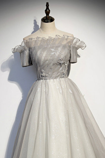 Silver tulle long prom dress formal dress s79