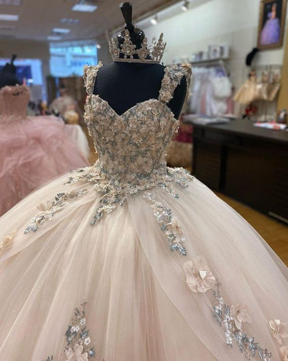 A-line Tulle Ball Gown Puffy Sweet 16 Dress 3D Flowers Birthday Dress  c3282