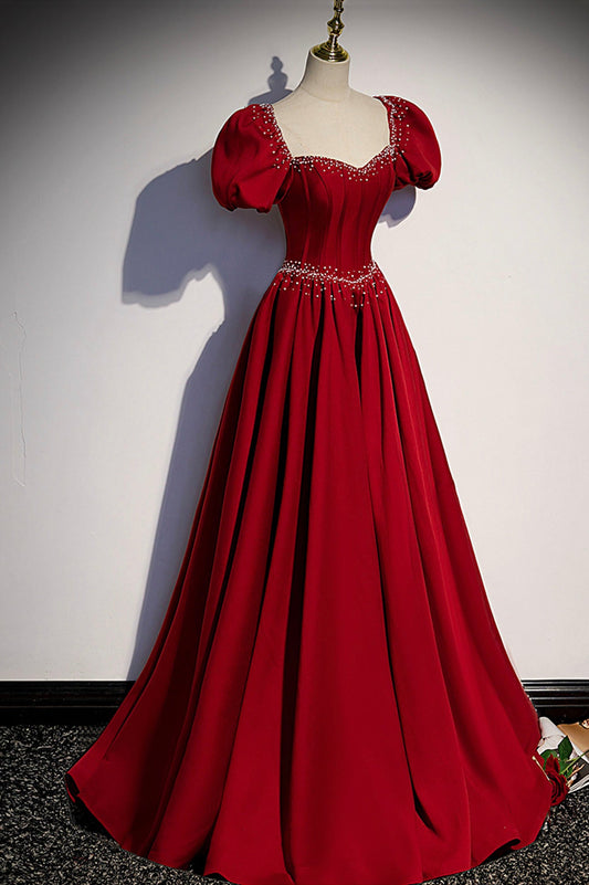 Burgundy A-line satin long prom dress evening dress s85