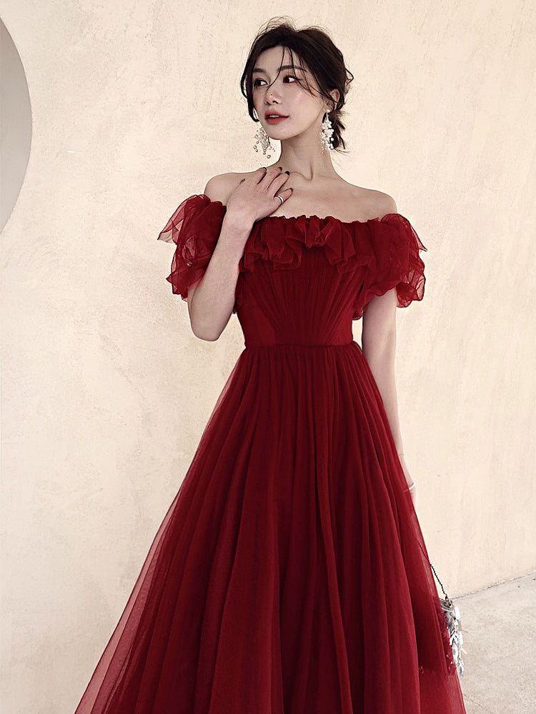 Dark Red Long Formal Gown, Off Shoulder Dark Red Prom Dress Y1653