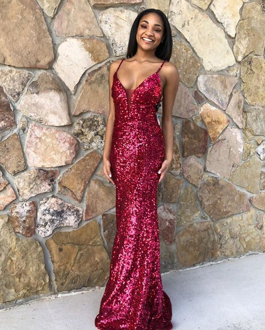 Charming Mermaid V Neck Straps Rose Red Long Evening Party Dresses, Cross Back Prom Dresses Y1543