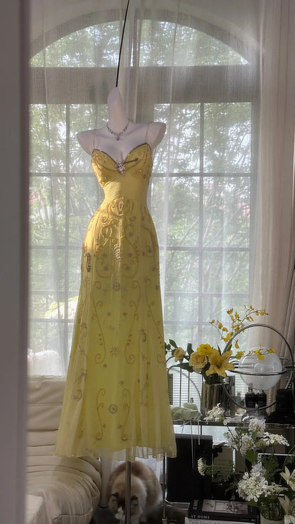 Flowy Yellow Spaghetti Strap Chiffon Beaded Mermaid Evening Gown Prom Dresses