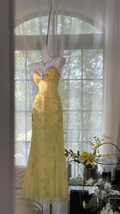 Flowy Yellow Spaghetti Strap Chiffon Beaded Mermaid Evening Gown Prom Dresses