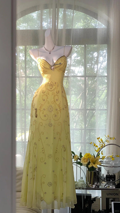 Flowy Yellow Spaghetti Strap Chiffon Beaded Mermaid Evening Gown Prom Dresses