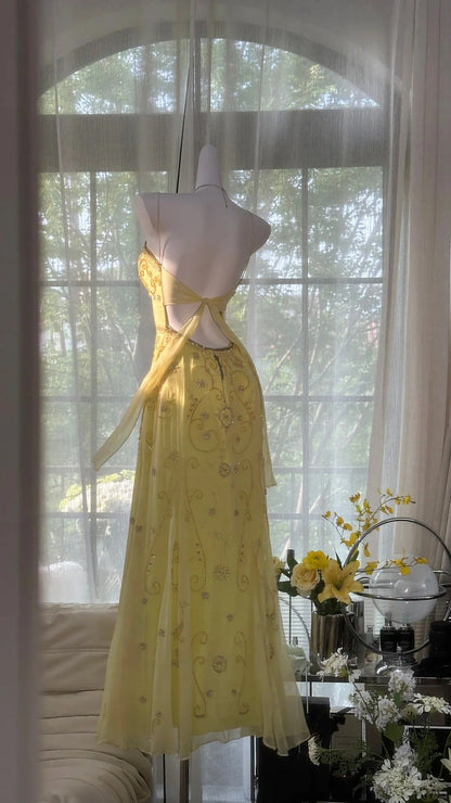 Flowy Yellow Spaghetti Strap Chiffon Beaded Mermaid Evening Gown Prom Dresses