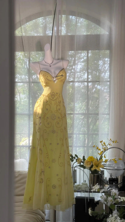 Flowy Yellow Spaghetti Strap Chiffon Beaded Mermaid Evening Gown Prom Dresses