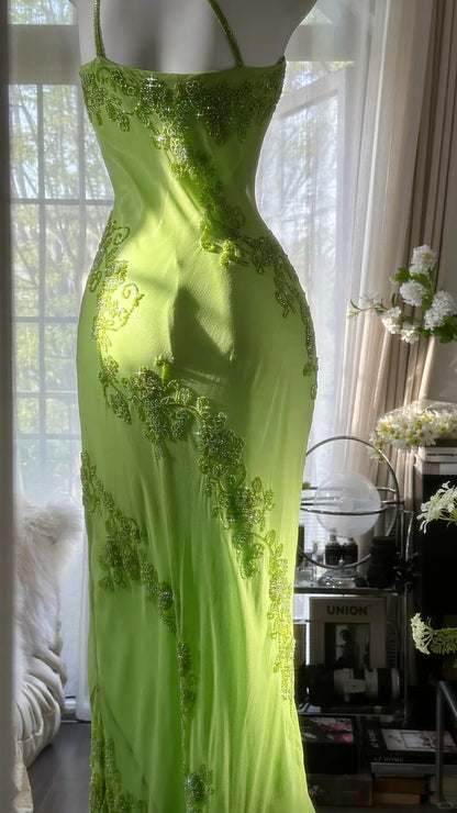 Fresh Green One Shoulder Chiffon Beaded Mermaid Evening Gown Prom Dresses
