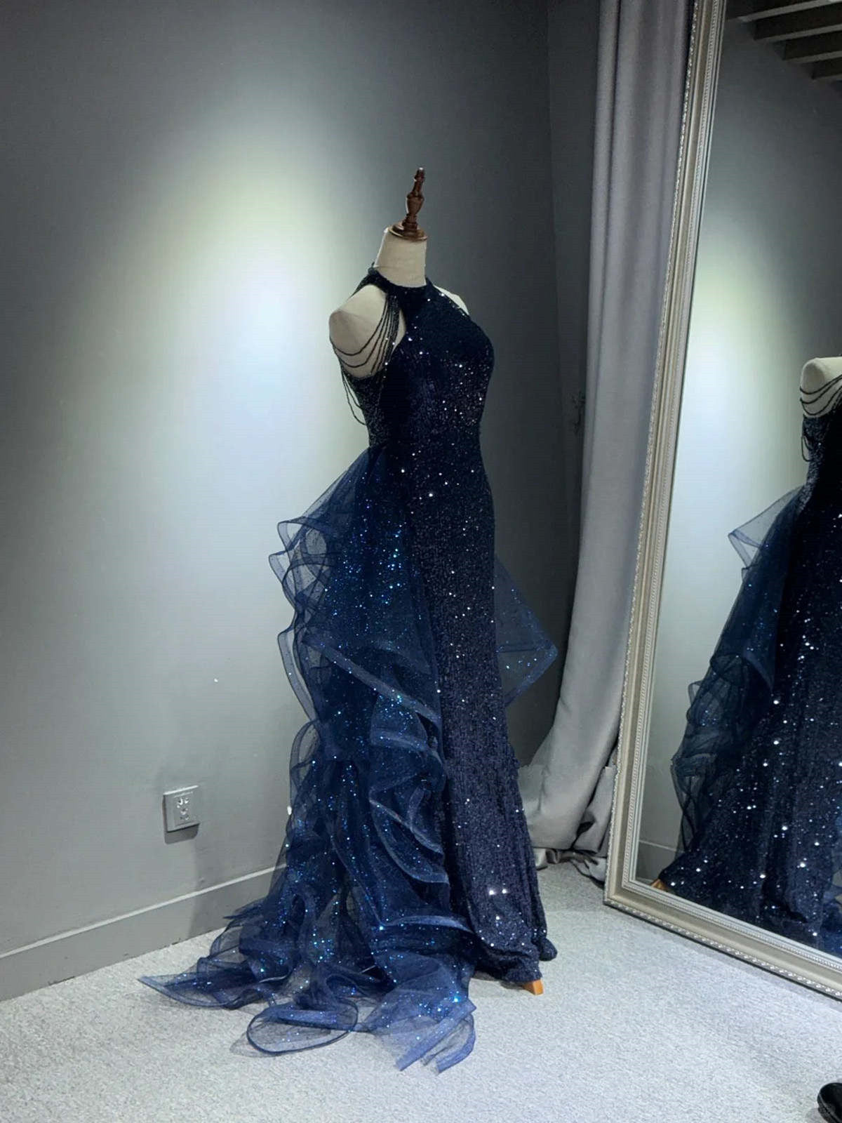 Navy Blue Tulle and Sequins Long Party Dress, Blue A-line Prom Dress Evening Dress