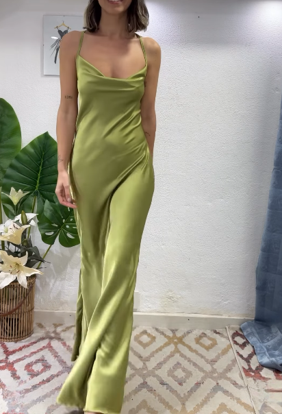 Glam Olive Green Spaghetti Straps Mermaid Satin Long Prom Dresses Prom Gown With Backless