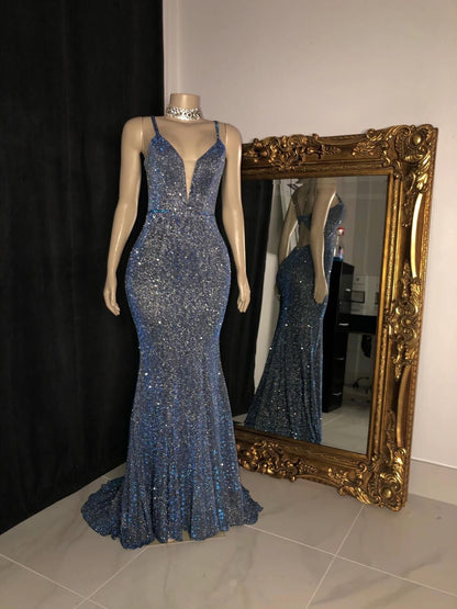 Glitter Mermaid Prom Dresses Long Spaghetti Straps V Neck Open Back Prom Gown