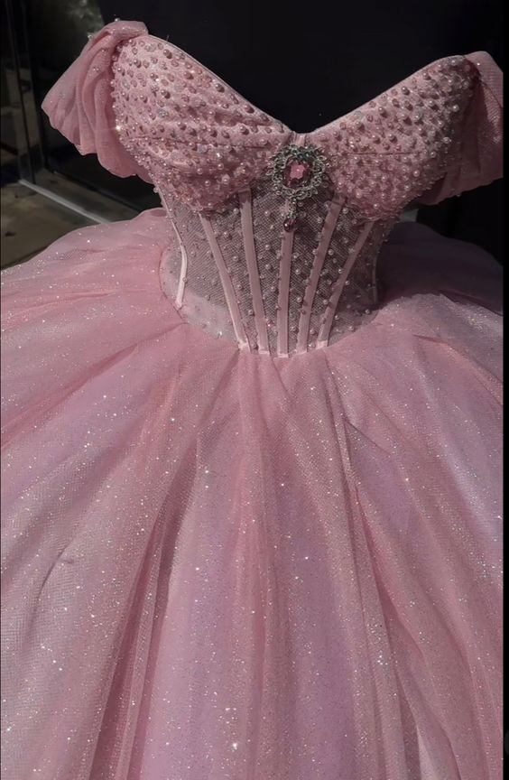 Glitter Pearls Pink Quinceanera Dress Ball Gown Sweet 15 16 Birthday Dresses