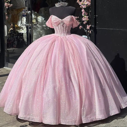 Glitter Pearls Pink Quinceanera Dress Ball Gown Sweet 15 16 Birthday Dresses