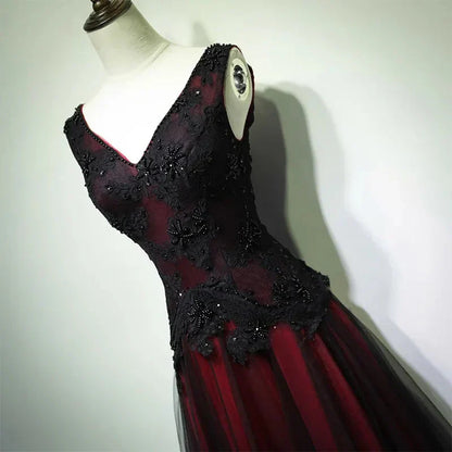 Gorgeous Black And Red V-Neckline Tulle Beaded Prom Dresses, Long Prom Gowns
