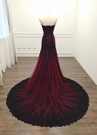 Gorgeous Black And Wine Red Mermaid Long Prom Gowns Prom Dress, Sweetheart Lace Prom Dresses