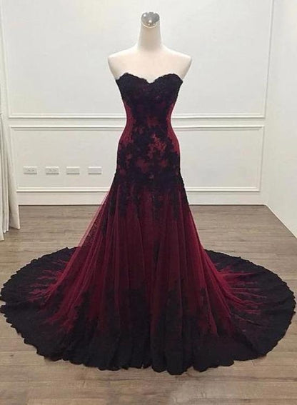 Gorgeous Black And Wine Red Mermaid Long Prom Gowns Prom Dress, Sweetheart Lace Prom Dresses