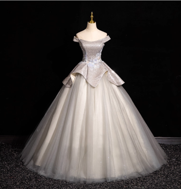Gorgeous Court Silver-White One-Shoulder Sequin Tulle Long Ball Gown Evening Dresses Sweet 16 Dresses