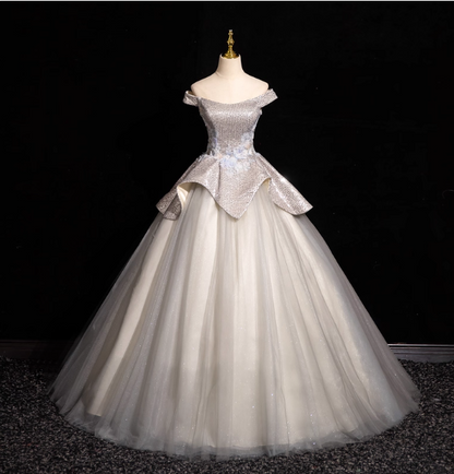 Gorgeous Court Silver-White One-Shoulder Sequin Tulle Long Ball Gown Evening Dresses Sweet 16 Dresses